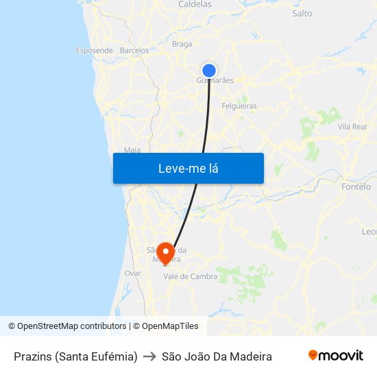 Prazins (Santa Eufémia) to São João Da Madeira map