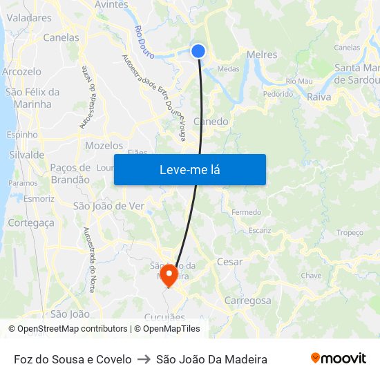 Foz do Sousa e Covelo to São João Da Madeira map