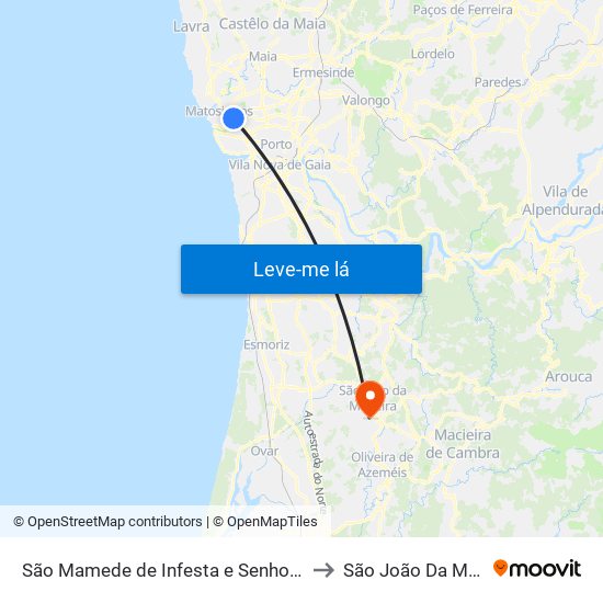 São Mamede de Infesta e Senhora da Hora to São João Da Madeira map