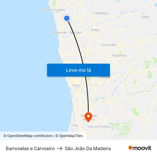 Barroselas e Carvoeiro to São João Da Madeira map