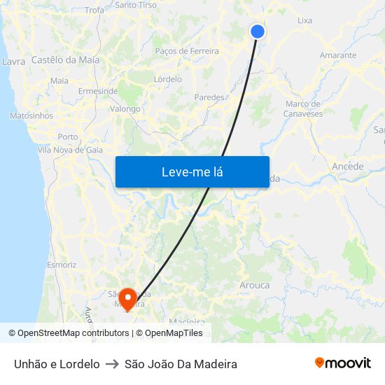 Unhão e Lordelo to São João Da Madeira map