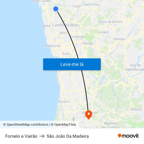 Fornelo e Vairão to São João Da Madeira map