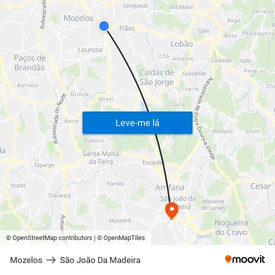 Mozelos to São João Da Madeira map