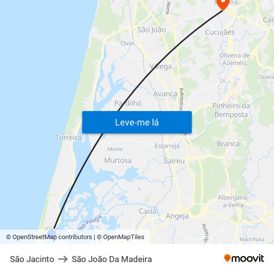 São Jacinto to São João Da Madeira map