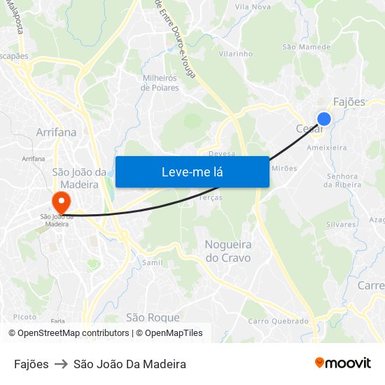 Fajões to São João Da Madeira map