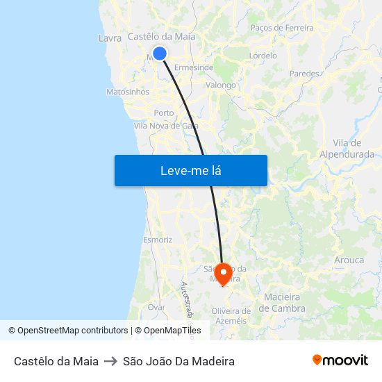 Castêlo da Maia to São João Da Madeira map