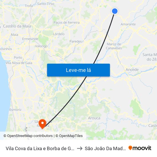 Vila Cova da Lixa e Borba de Godim to São João Da Madeira map