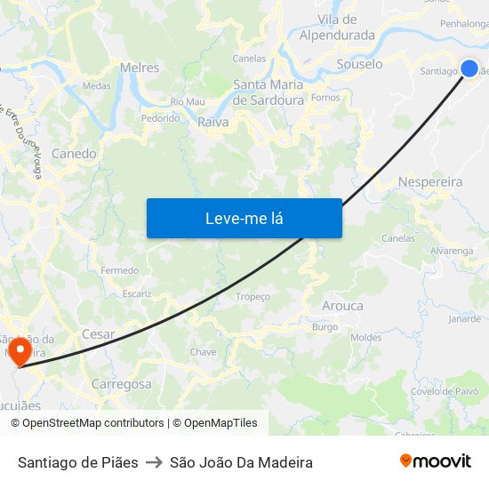 Santiago de Piães to São João Da Madeira map