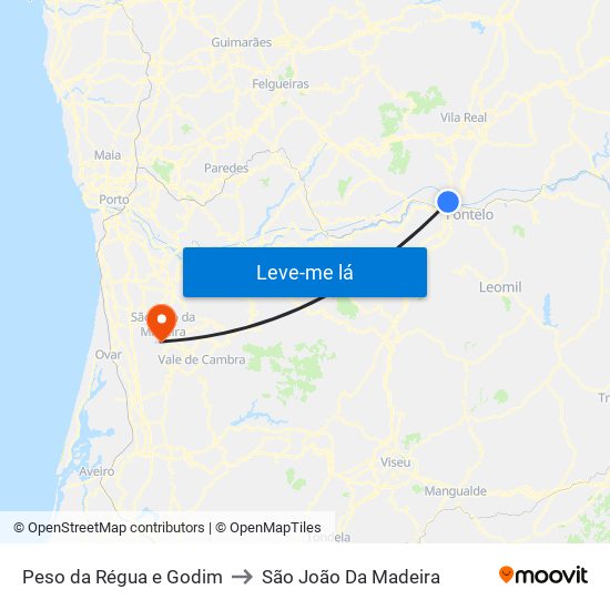 Peso da Régua e Godim to São João Da Madeira map