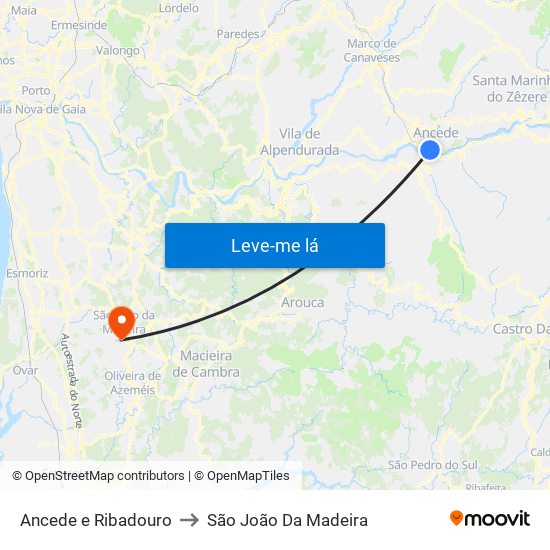 Ancede e Ribadouro to São João Da Madeira map