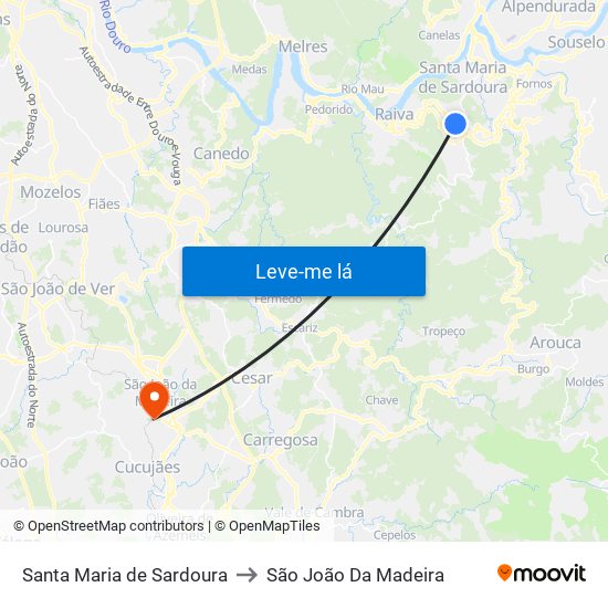 Santa Maria de Sardoura to São João Da Madeira map