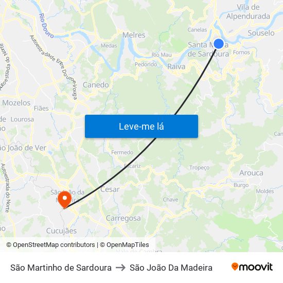 São Martinho de Sardoura to São João Da Madeira map