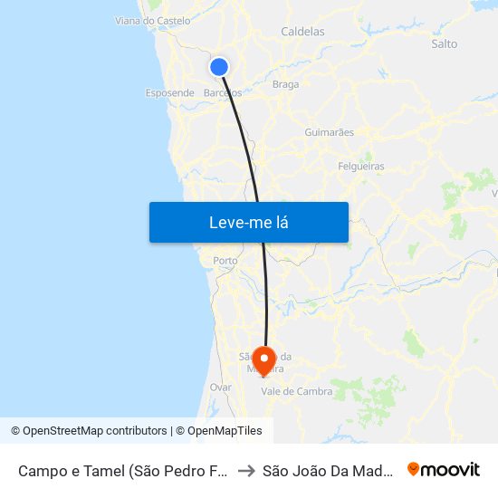 Campo e Tamel (São Pedro Fins) to São João Da Madeira map