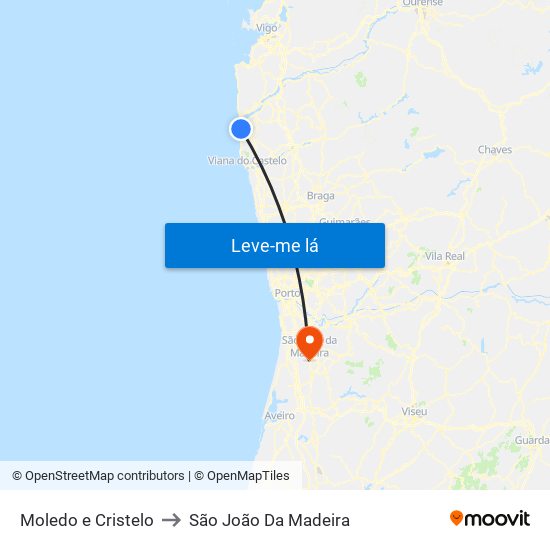 Moledo e Cristelo to São João Da Madeira map