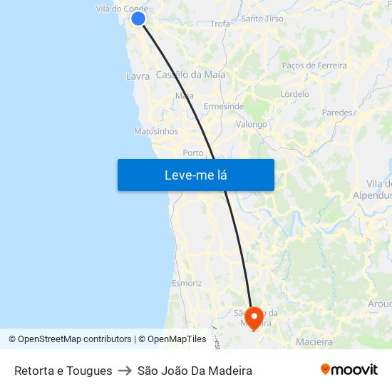 Retorta e Tougues to São João Da Madeira map