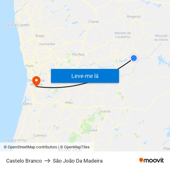 Castelo Branco to São João Da Madeira map