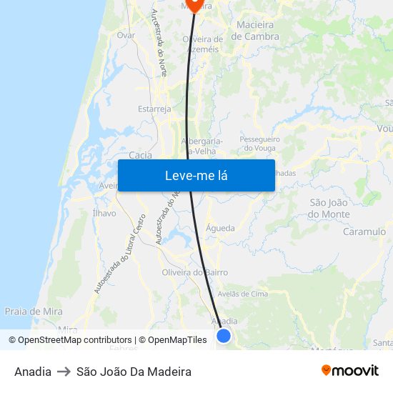 Anadia to São João Da Madeira map