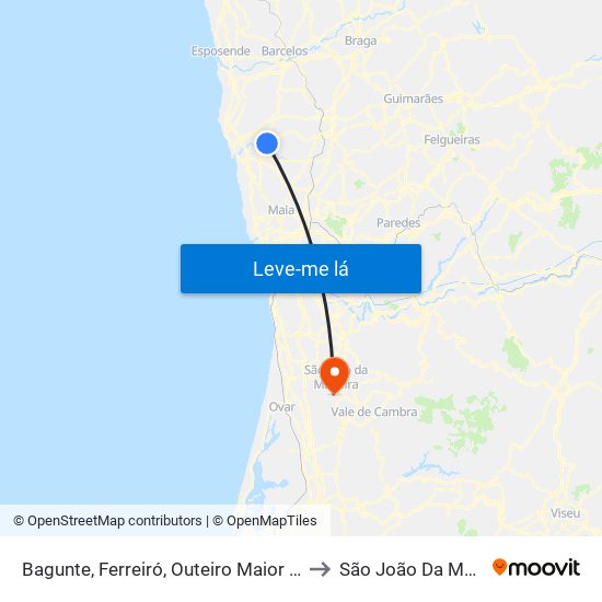 Bagunte, Ferreiró, Outeiro Maior e Parada to São João Da Madeira map