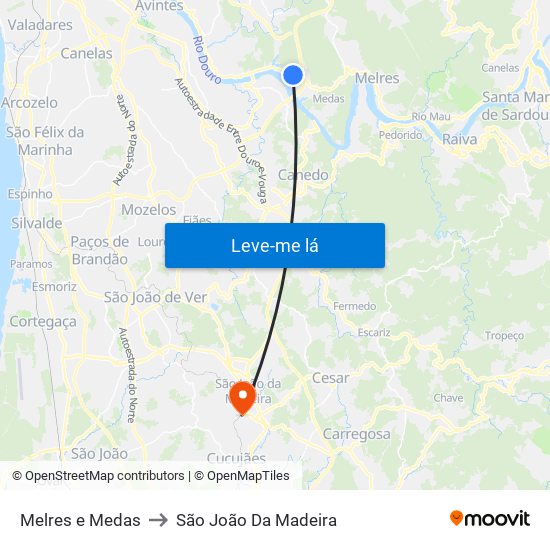 Melres e Medas to São João Da Madeira map