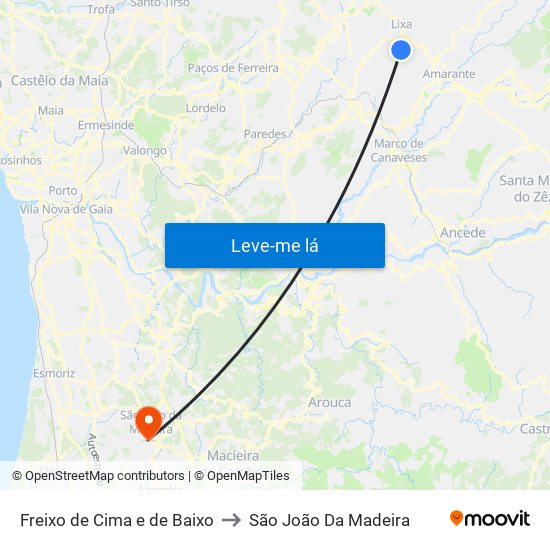 Freixo de Cima e de Baixo to São João Da Madeira map