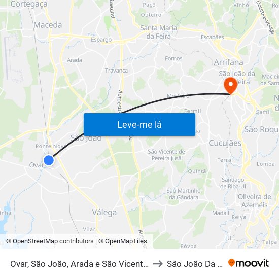 Ovar, São João, Arada e São Vicente de Pereira Jusã to São João Da Madeira map