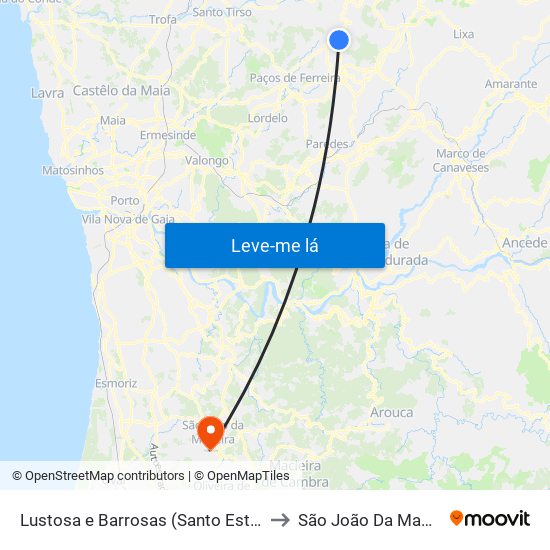 Lustosa e Barrosas (Santo Estêvão) to São João Da Madeira map