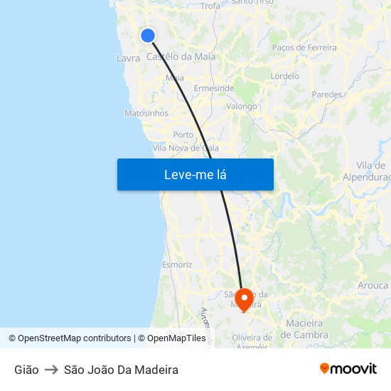 Gião to São João Da Madeira map