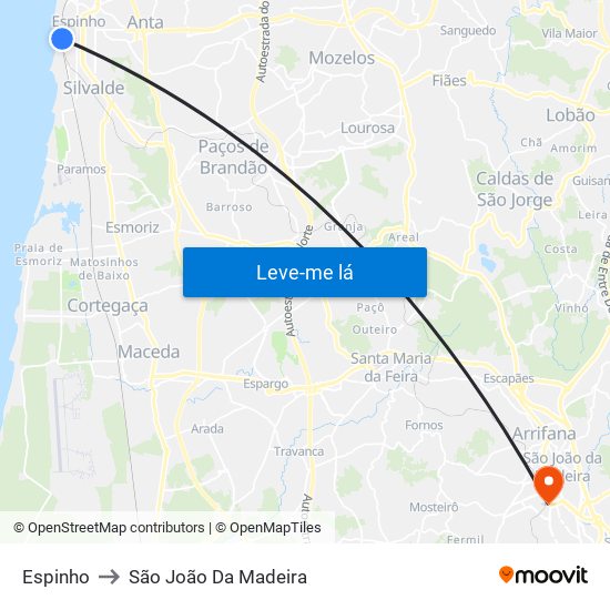 Espinho to São João Da Madeira map
