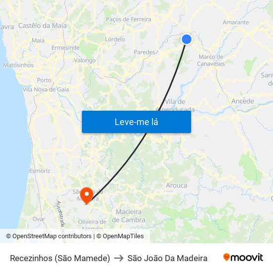 Recezinhos (São Mamede) to São João Da Madeira map