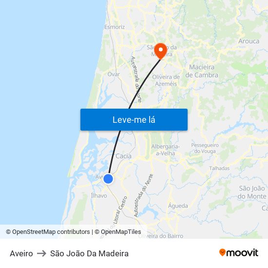 Aveiro to São João Da Madeira map