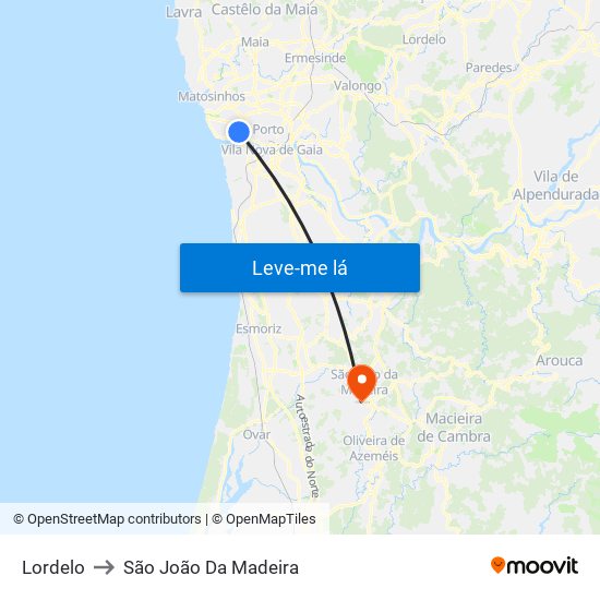 Lordelo to São João Da Madeira map