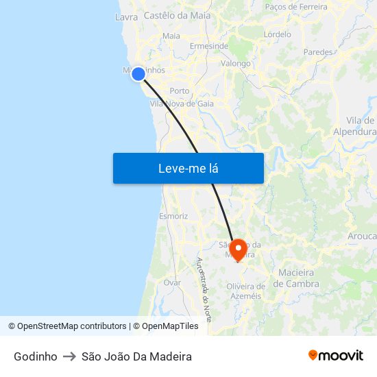 Godinho to São João Da Madeira map