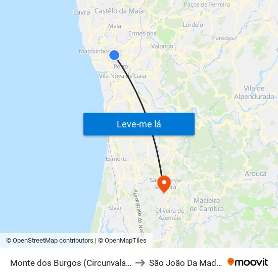 Monte dos Burgos (Circunvalação) to São João Da Madeira map