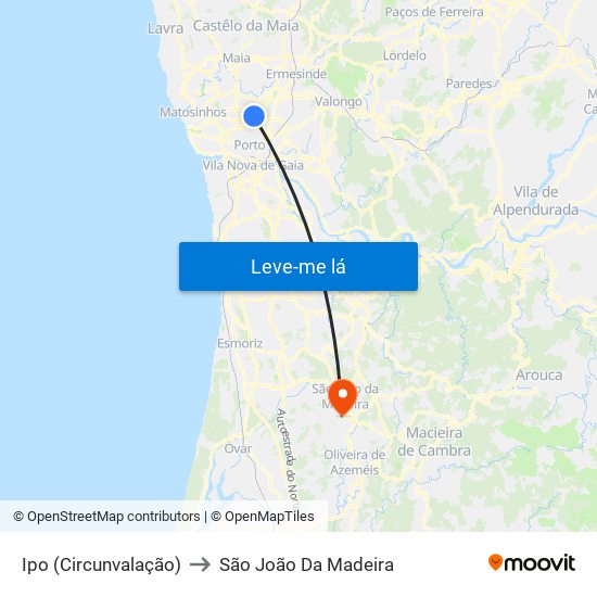 Ipo (Circunvalação) to São João Da Madeira map