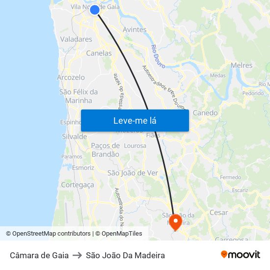 Câmara de Gaia to São João Da Madeira map