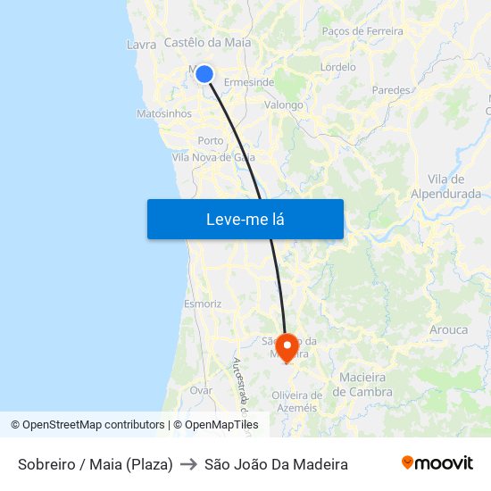 Sobreiro / Maia (Plaza) to São João Da Madeira map
