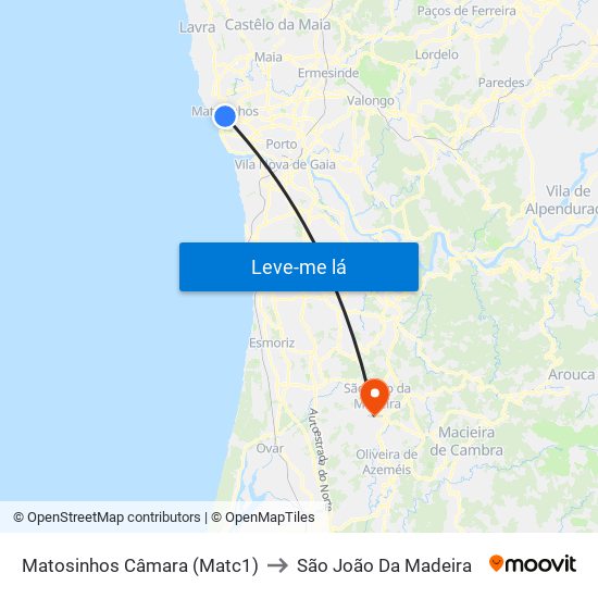 Matosinhos Câmara (Matc1) to São João Da Madeira map