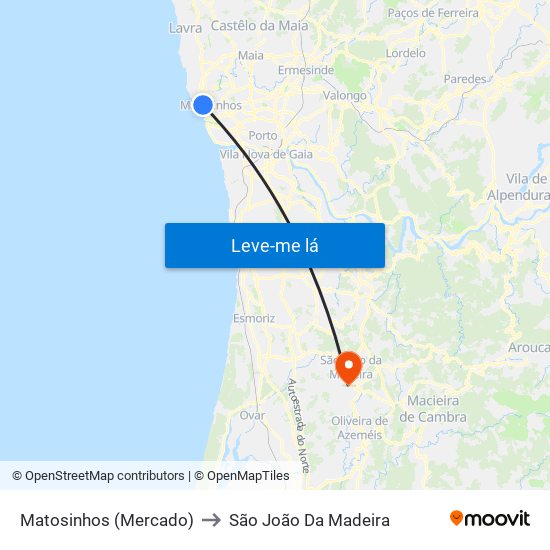 Matosinhos (Mercado) to São João Da Madeira map