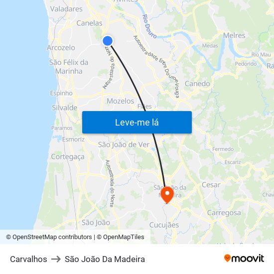 Carvalhos to São João Da Madeira map