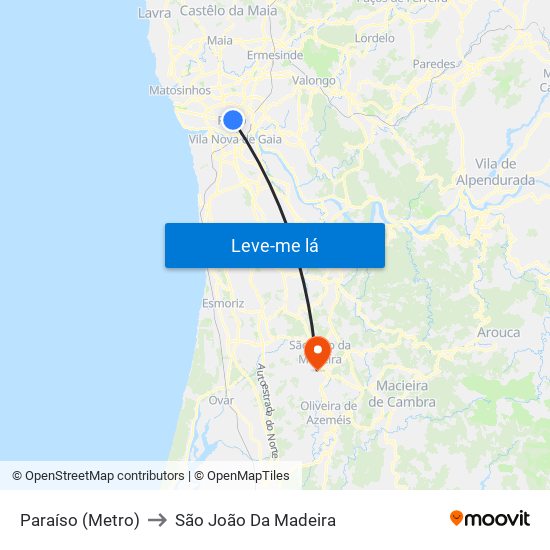 Paraíso (Metro) to São João Da Madeira map