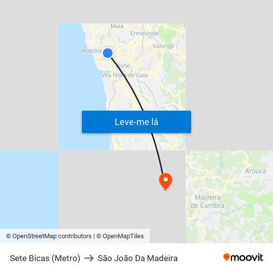 Sete Bicas (Metro) to São João Da Madeira map