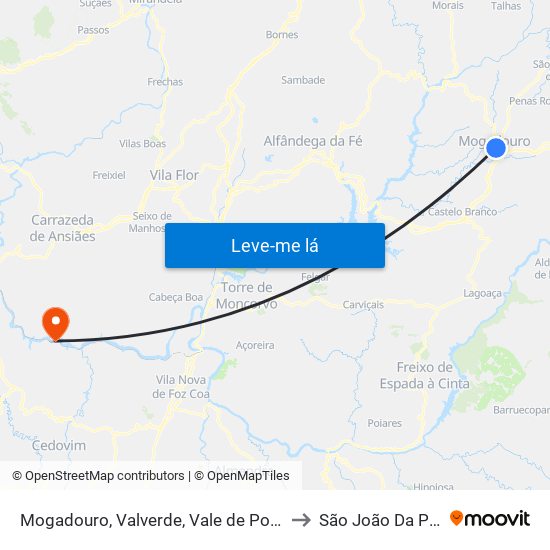 Mogadouro, Valverde, Vale de Porco e Vilar de Rei to São João Da Pesqueira map