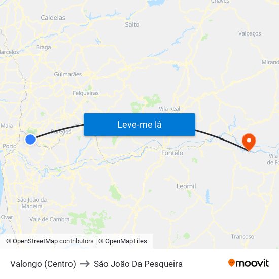 Valongo (Centro) to São João Da Pesqueira map