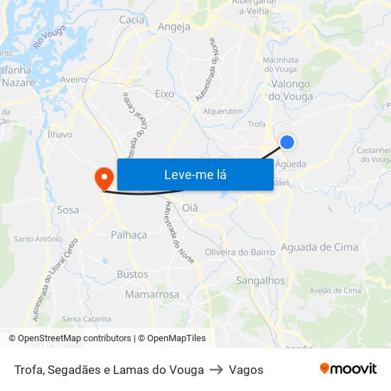 Trofa, Segadães e Lamas do Vouga to Vagos map