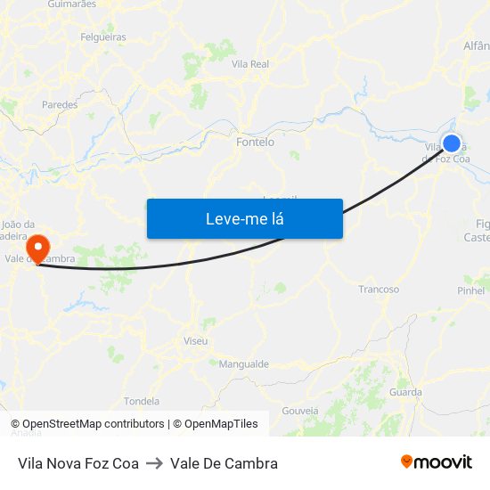Vila Nova Foz Coa to Vale De Cambra map