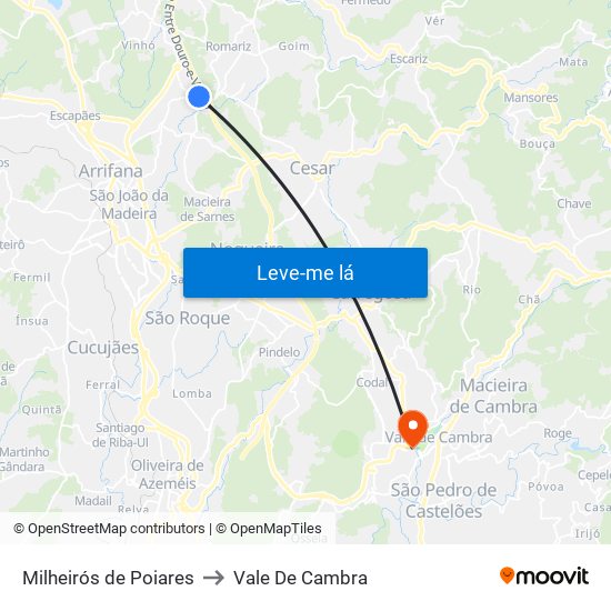Milheirós de Poiares to Vale De Cambra map