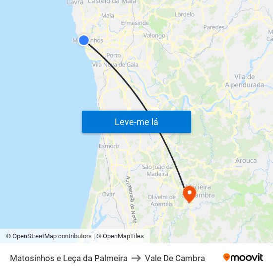 Matosinhos e Leça da Palmeira to Vale De Cambra map