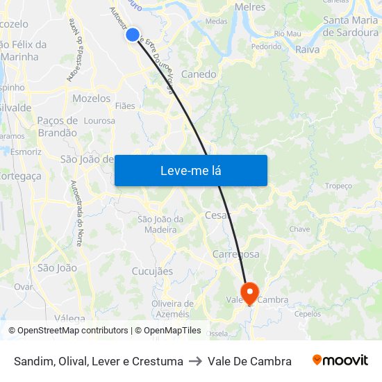 Sandim, Olival, Lever e Crestuma to Vale De Cambra map