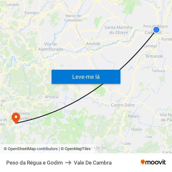 Peso da Régua e Godim to Vale De Cambra map