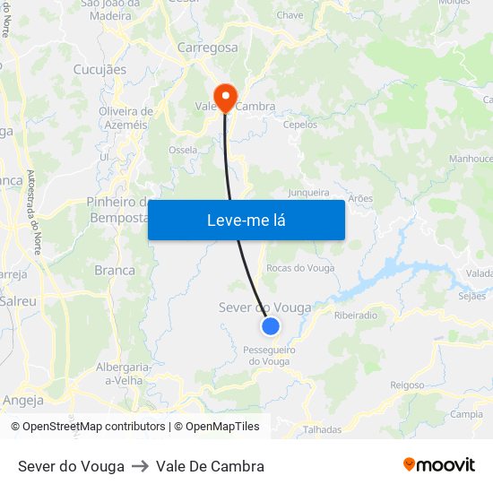 Sever do Vouga to Vale De Cambra map